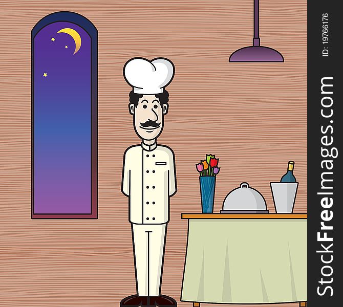 Chef waiting beside a table set for romantic dinner in a restaurant