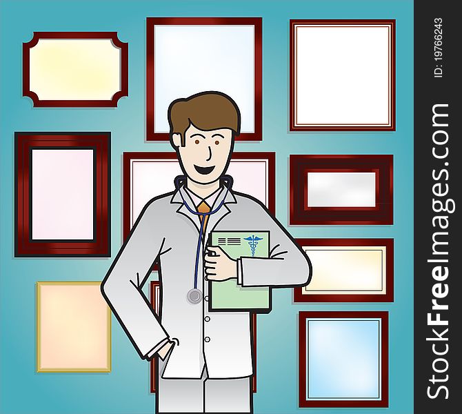 An illustration of a young doctor with stethoscope holding a medical record with blank certificates on the wall behind. An illustration of a young doctor with stethoscope holding a medical record with blank certificates on the wall behind