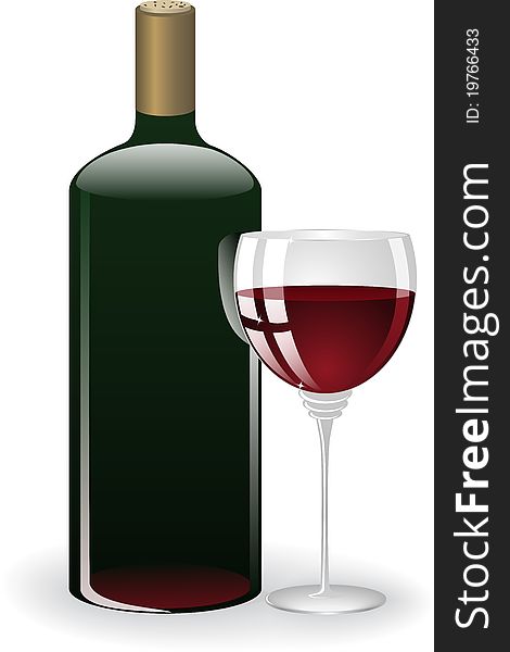 Bottle and glass with red wine on a white background. Bottle and glass with red wine on a white background