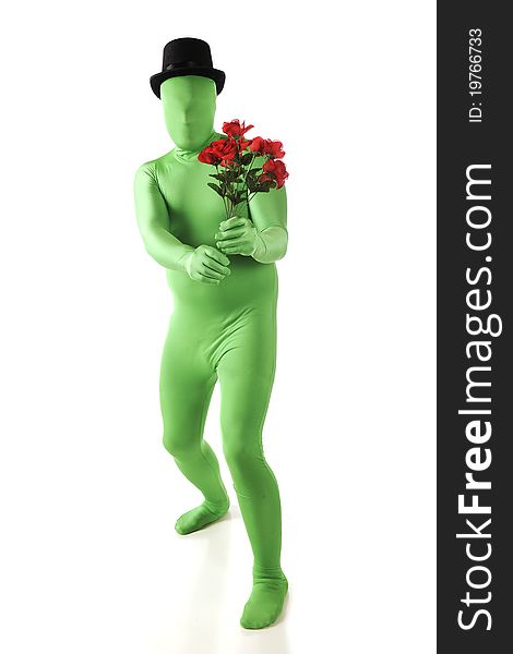 A green morph man in a top hat presenting the viewer with a bouquet of red roses. Isolated on white. A green morph man in a top hat presenting the viewer with a bouquet of red roses. Isolated on white.