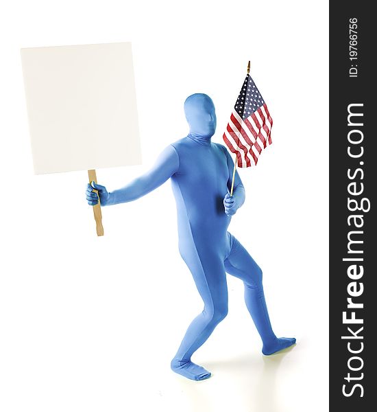A blue morph man carrying a blank sign and an American flag. Isolated on white. A blue morph man carrying a blank sign and an American flag. Isolated on white.