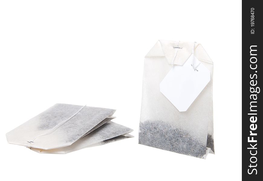 Close-up of tea bag, isolated on white background