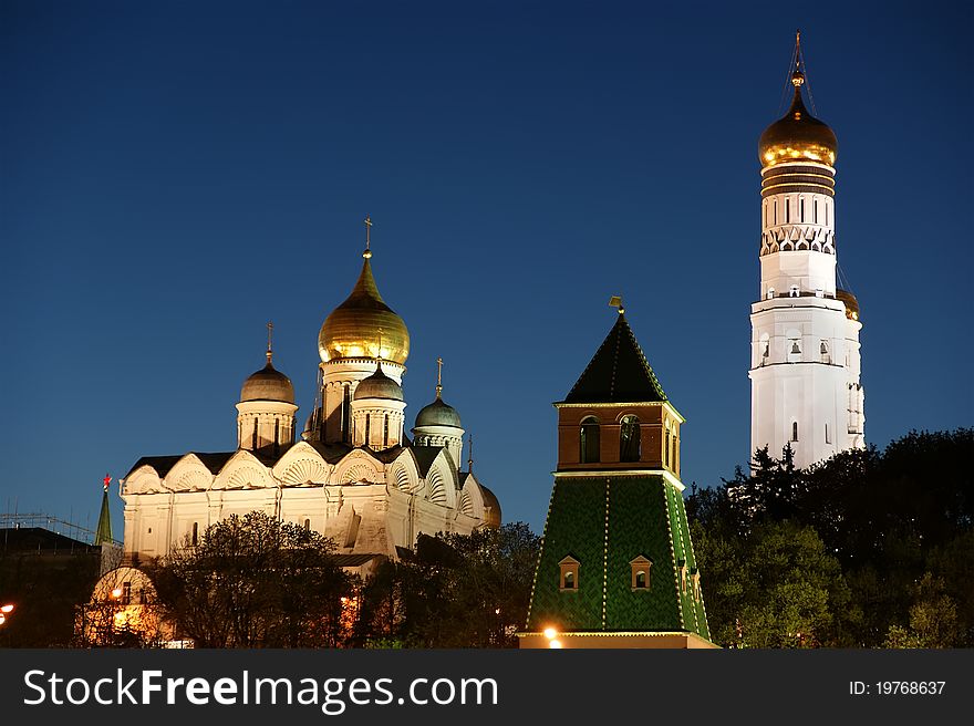 Russia, Moscow. Night view of the Kremlin