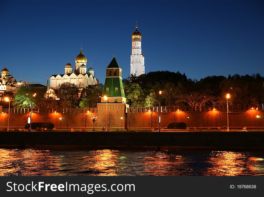 Russia, Moscow. Night view of the Kremlin