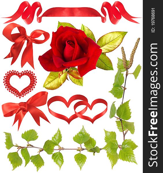 Birch leaves and red ribbons are isolated on a white background. Birch leaves and red ribbons are isolated on a white background.