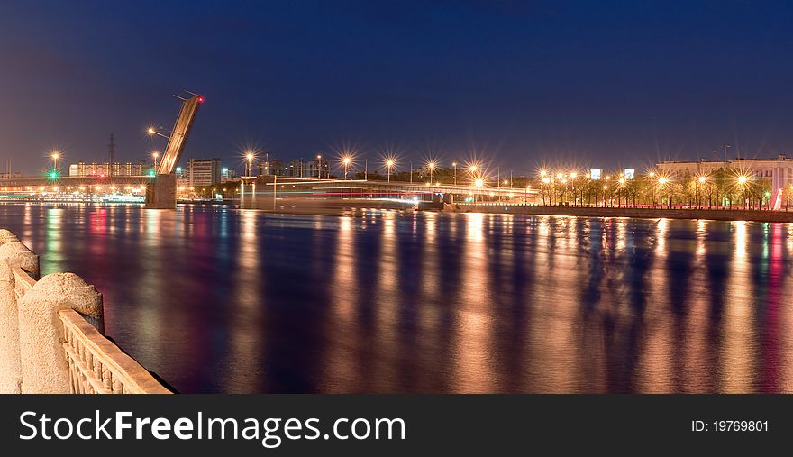 Night panorama of the dissolved bridge of a name of Volodarsky in the city of St.-Petersburg. Night panorama of the dissolved bridge of a name of Volodarsky in the city of St.-Petersburg