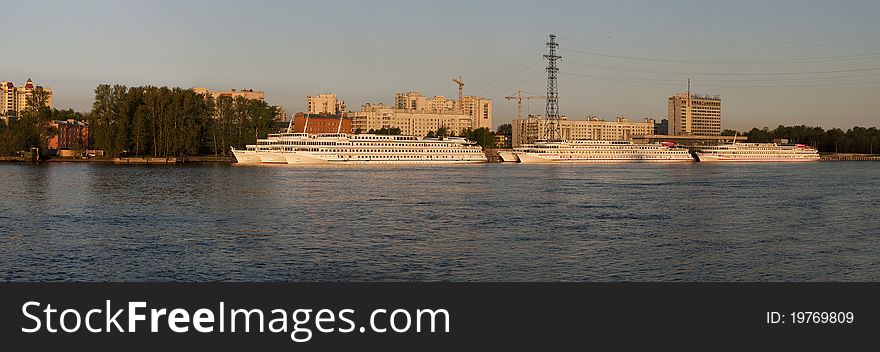 Panorama of river station in the city of St.-Petersburg early in the morning. Panorama of river station in the city of St.-Petersburg early in the morning