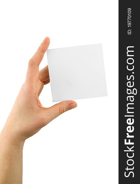 Hand holding an empty paper isolated on white