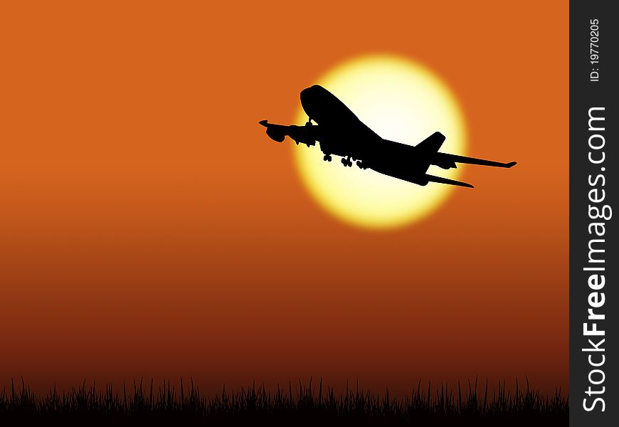 Airplane silhouette with sun behind