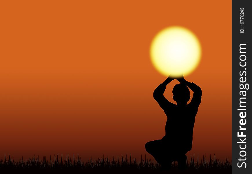 Silhouette of a boy holding up the sun. Silhouette of a boy holding up the sun