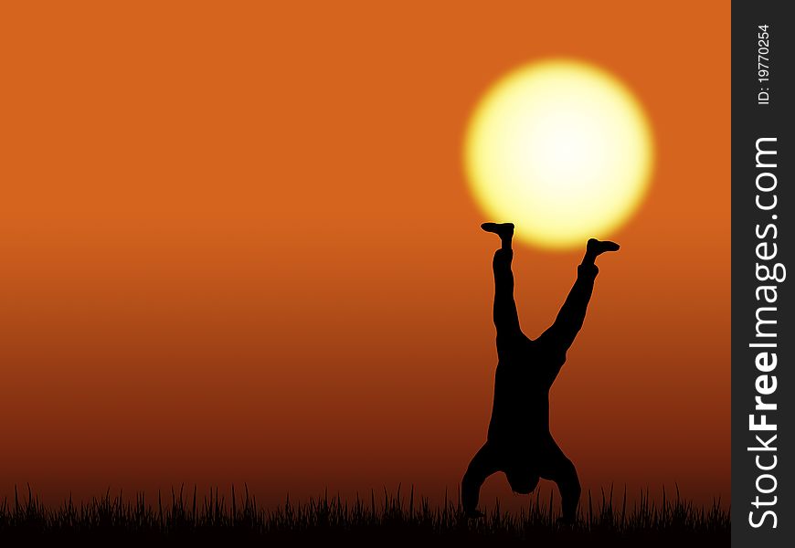Silhouette of a boy doing handstand and balancing the sun. Silhouette of a boy doing handstand and balancing the sun