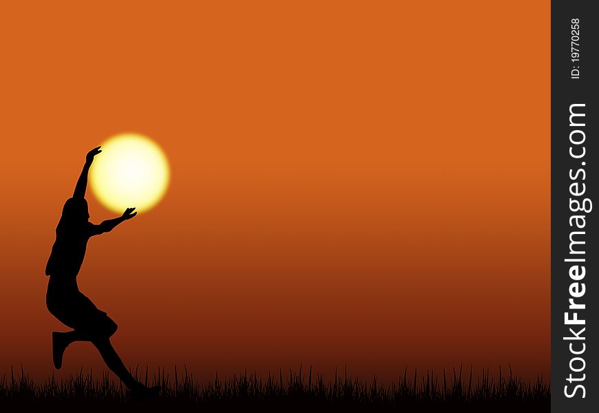 Silhouette of a boy holding up the sun. Silhouette of a boy holding up the sun