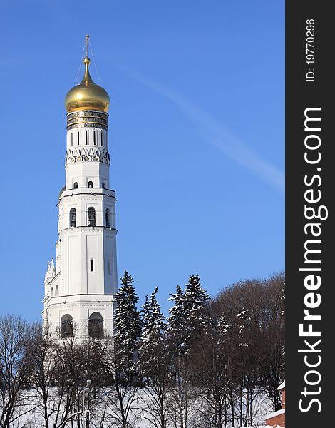 View at some of Moscow Kremlin's cathedrals-Ivan the Great Bell Tower and Archangel's Cathedral