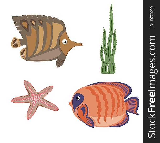 Brown fish and orange fish, seaweed, starfish. Icons on the marine theme. Brown fish and orange fish, seaweed, starfish. Icons on the marine theme.