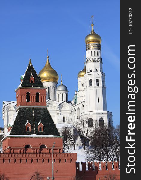 View at some of Moscow Kremlin's cathedrals-Ivan the Great Bell Tower and Archangel's Cathedral