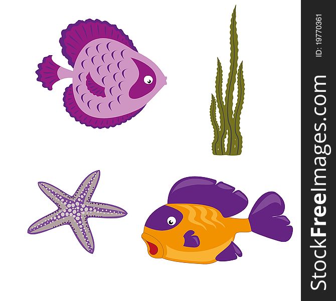 Yellow fish and pink fish, seaweed, starfish. Icons on the marine theme. Yellow fish and pink fish, seaweed, starfish. Icons on the marine theme