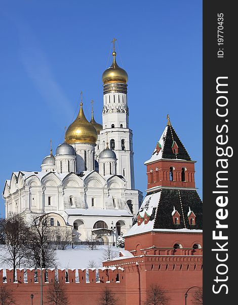 View at some of Moscow Kremlin's cathedrals-Ivan the Great Bell Tower and Archangel's Cathedral