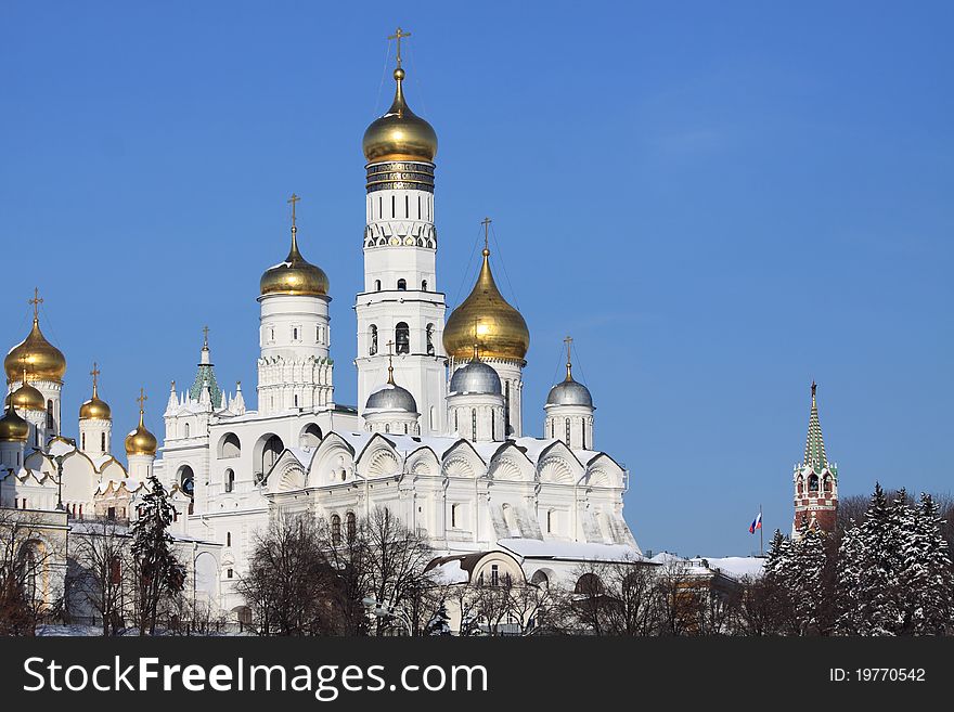 View at some of Moscow Kremlin's cathedrals-Ivan the Great Bell Tower and Archangel's Cathedral