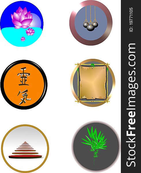 Oriental button for desktop and stationery in 3d on white with various symbols. Oriental button for desktop and stationery in 3d on white with various symbols