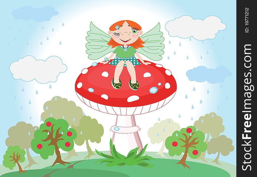 Forest fairy sitting on the red mushroom.