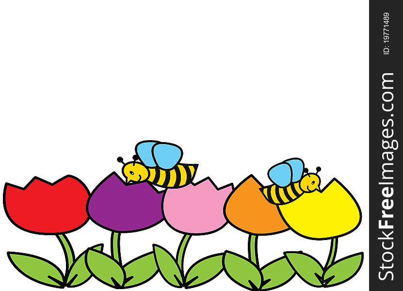Tulips and bees on a white background