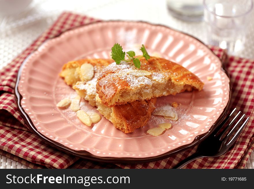 Cake filled with almond paste - closeup. Cake filled with almond paste - closeup