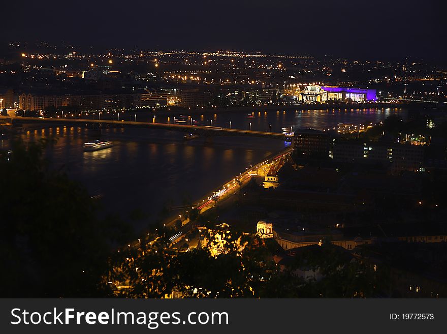 View of panorama Budapest, Hungary, from fortress Citadel, Petofi bridge