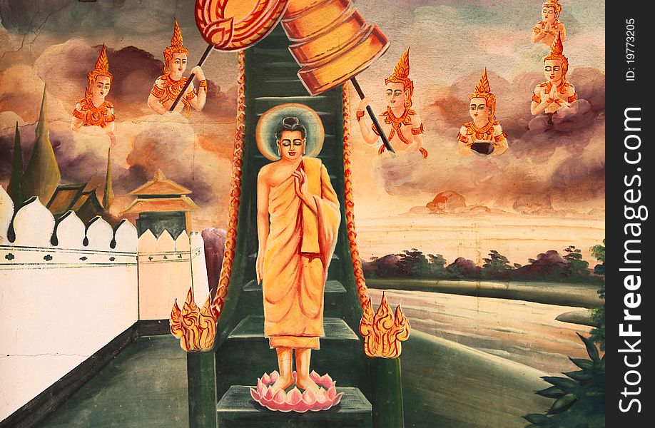 A picture of old painting mural of Buddha biography
