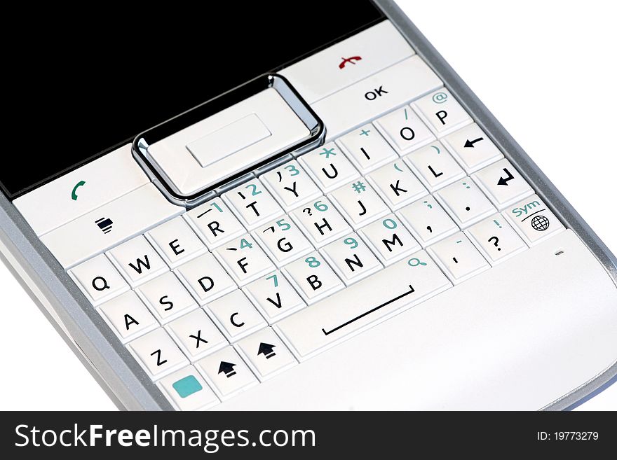 Image of qwerty keyboard of white smartphone on white background. Image of qwerty keyboard of white smartphone on white background