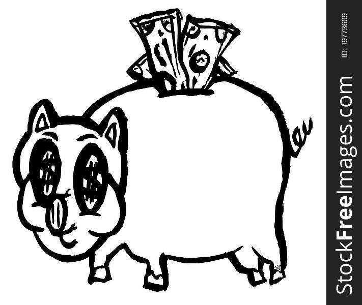 Black and white piggy bank bursting with money. Black and white piggy bank bursting with money.
