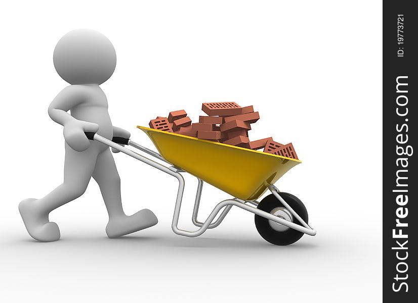 3d people icon with bricks in wheelbarrow - This is a 3d render illustration