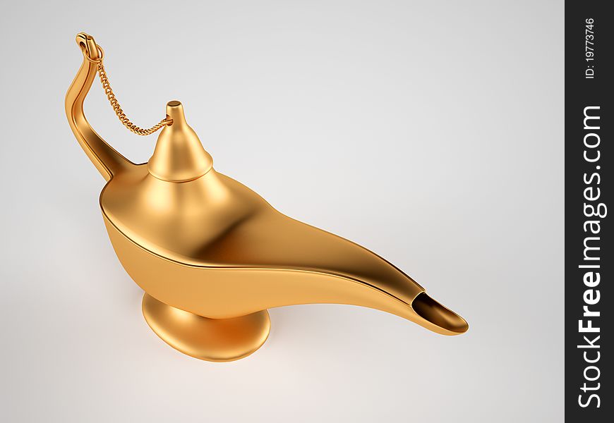 A golden aladin lamp on white background - rendered in 3d. A golden aladin lamp on white background - rendered in 3d
