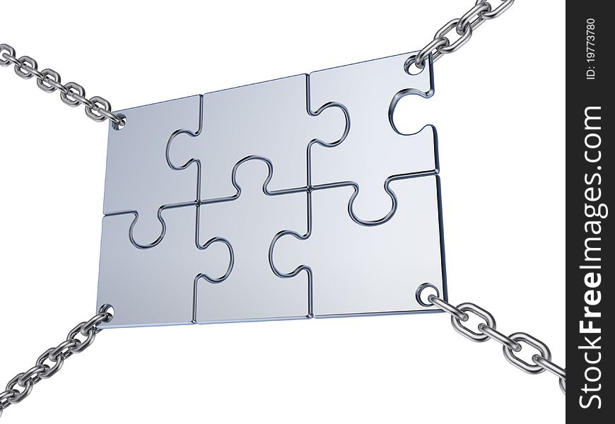 Jigsaw board sign on the chains. This is a 3d render illustration