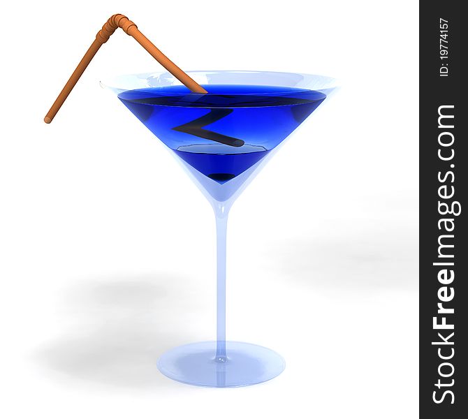 Blue colored cocktail in glass with brown straw