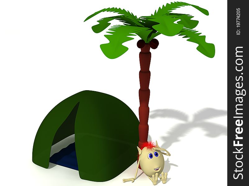 Puppet sitting near green tent under hing palm