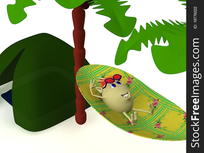 Puppet resting near green tent under high palm