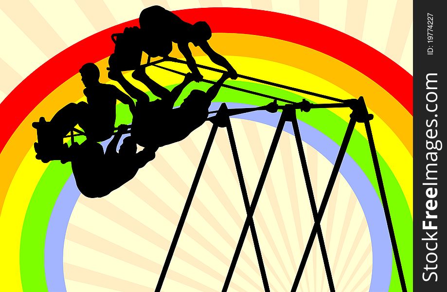 Image of people on a swing against backdrop of a rainbow. Image of people on a swing against backdrop of a rainbow