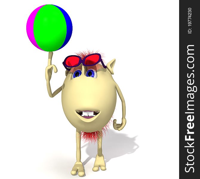 Happy puppet playing colored ball on white background