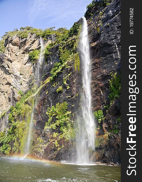 Waterfalls in Milford Sound. New Zealand