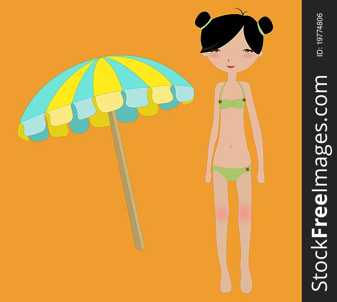 Vector Illustration of funny summer background with the little girl and parasol