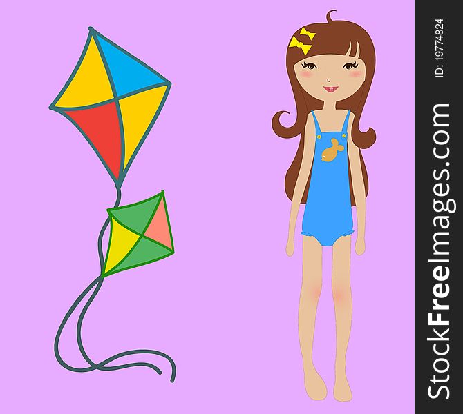 Vector Illustration of funny summer background with the little girl and kite