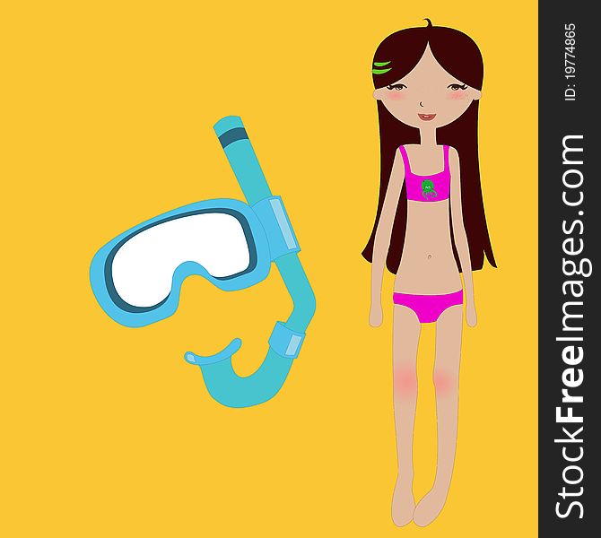 Vector Illustration of funny summer background with the little girl and snorkel mask.