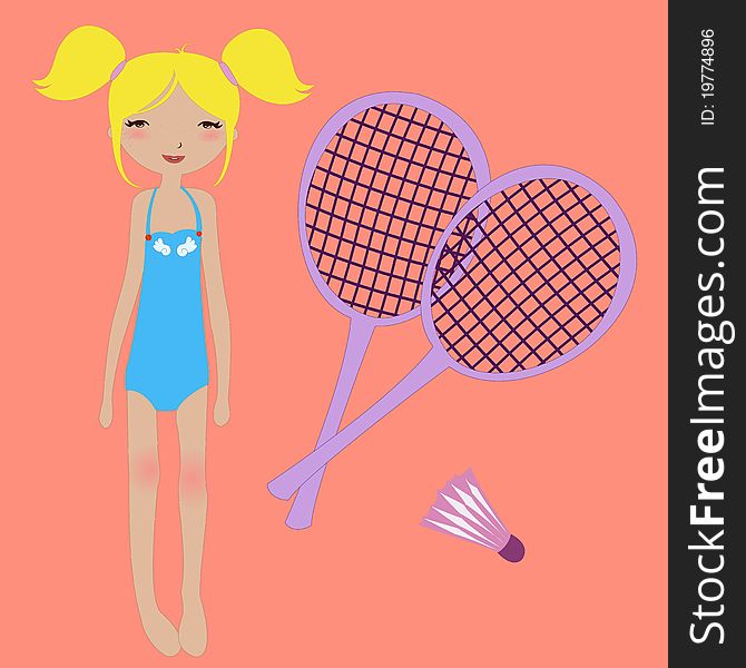 Vector Illustration of funny summer background  with the little girl and badminton rackets