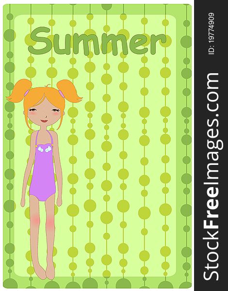 Vector Illustration of cute summer background with pretty little girl
