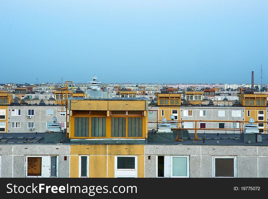 Old soviet panel apartments with blue sky