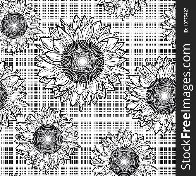 Seamless from sunflowers.Black and white.(can be repeated and scaled in any size)