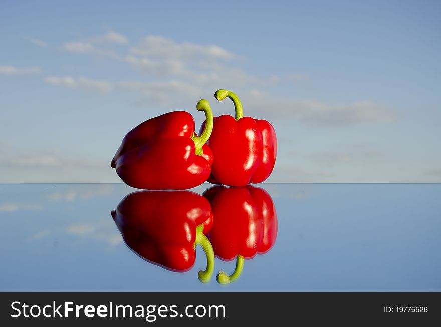 Two red peppers on mirror and sky background