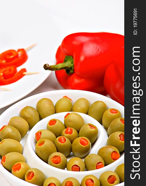 Stuffed green olives and red pepper. Stuffed green olives and red pepper