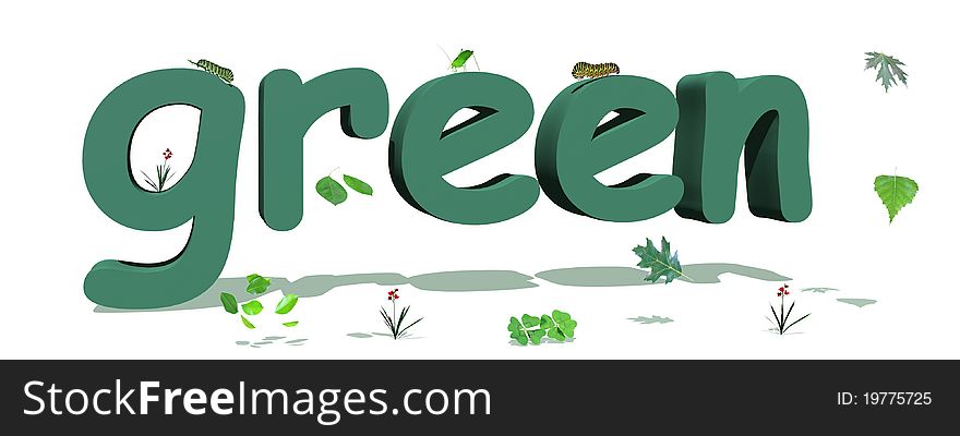 Green letters surrounded by green leaves and insects in white background. Green letters surrounded by green leaves and insects in white background