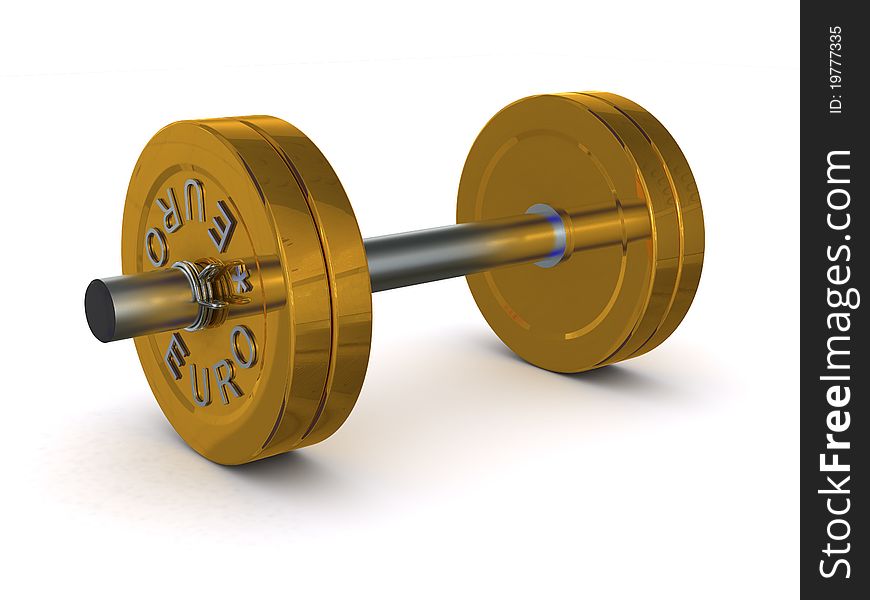 Dumbbell of golden discs with the inscription EURO. 3d rendering
